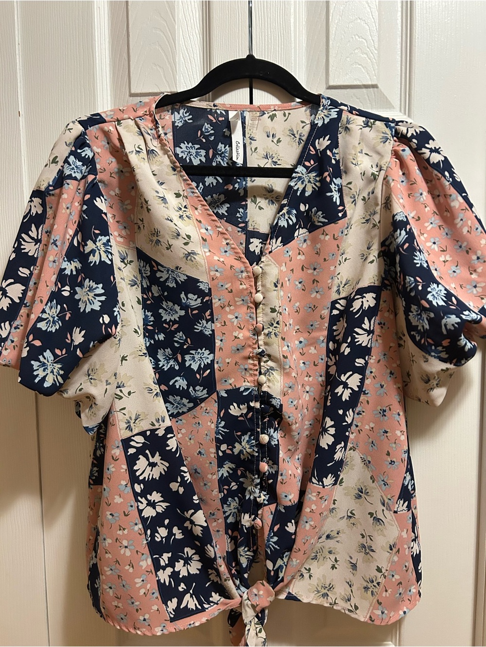 NY Collection Floral Patchwork Tie-Front Blouse - Pink Navy